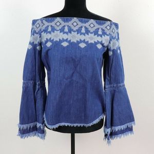Central Park West Small Off the Shoulder Top Blue Denim Embroidered Bell Sleeve